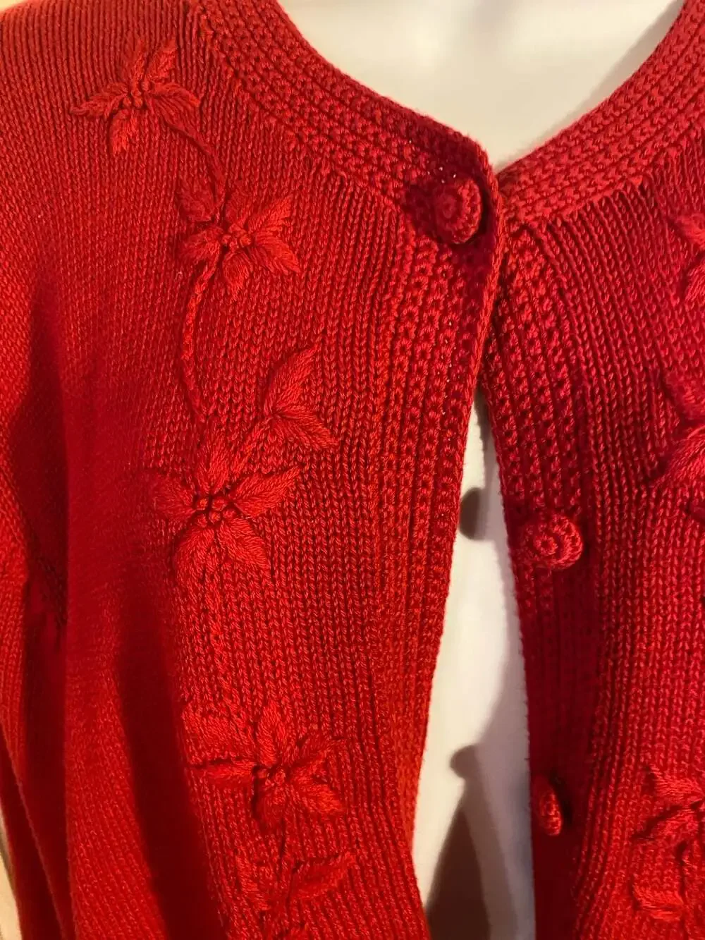 Lands' End Red Floral Embroidered Button-Front Cardigan Sweater